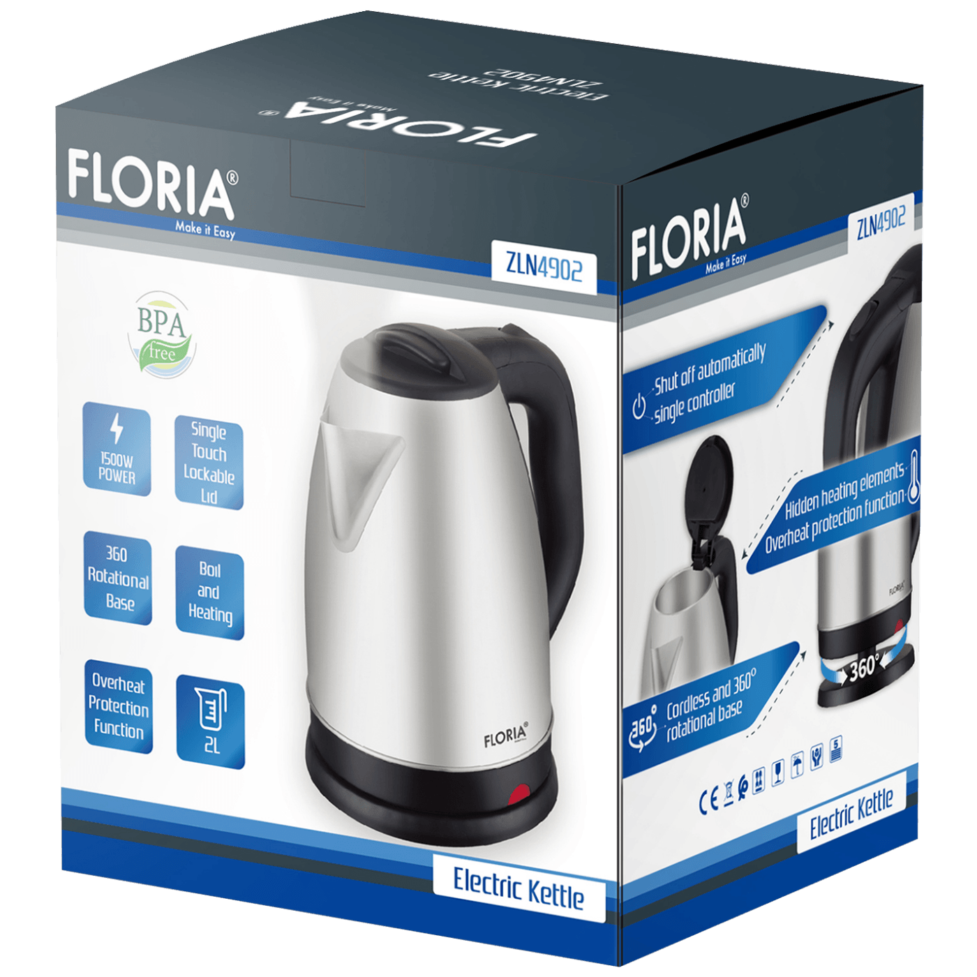 Floria Kuhalo za vodu, zapremina 2.0 l, 1500 W, INOX - ZLN2751