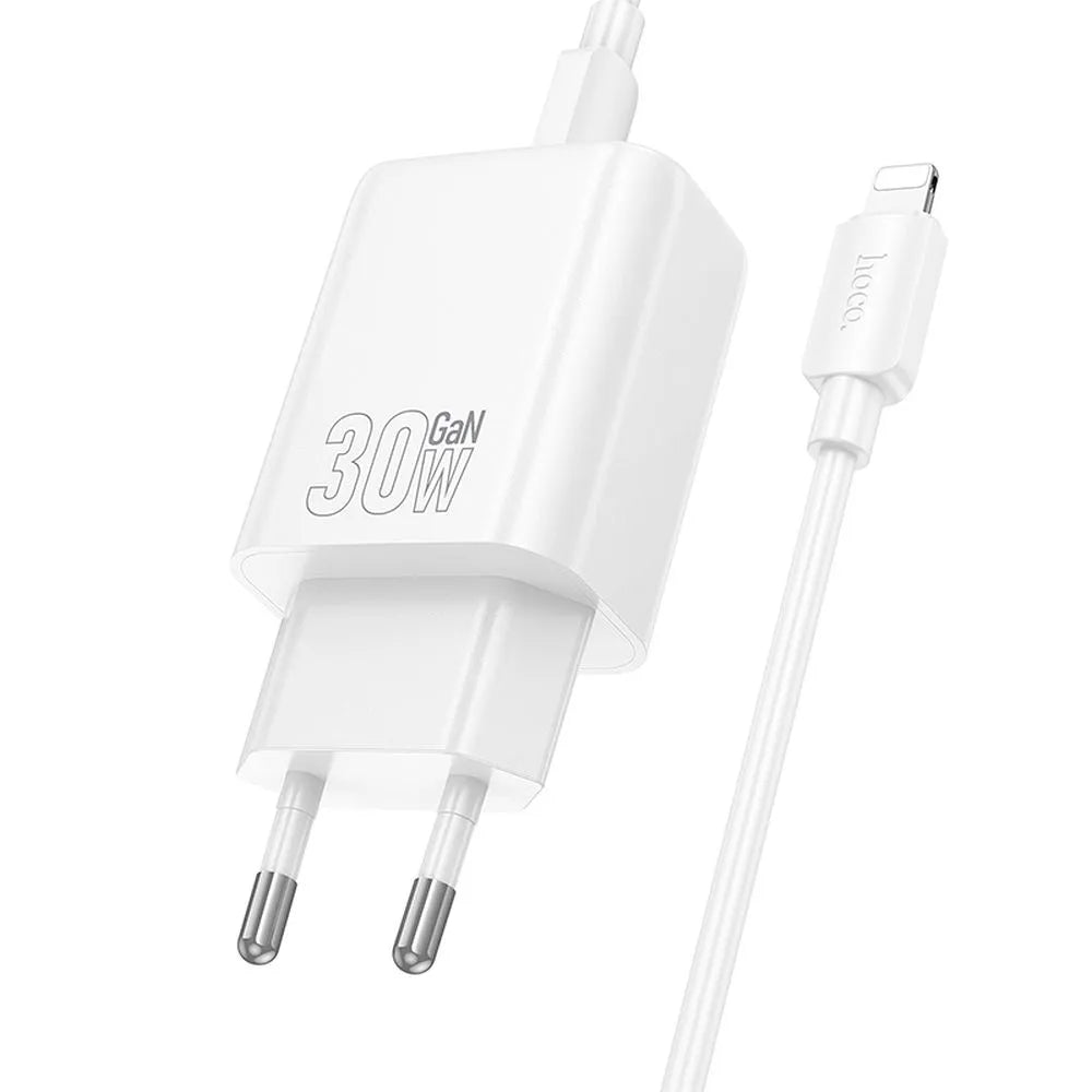Hoco USB-C QC PD 30W stenski polnilec za telefon + USB-C na Lightning kabel N62 bel