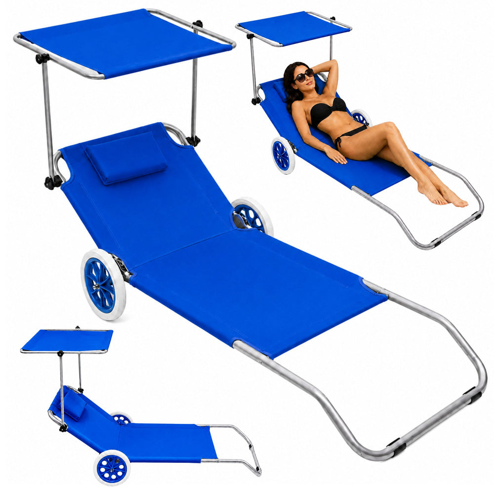 Sklopiva ležaljka za plažu s kotačima i sjenicom - plava