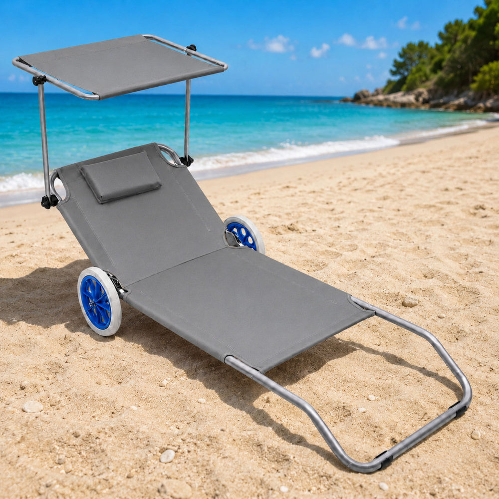 Sklopiva ležaljka za plažu s kotačima i sjenicom - siva