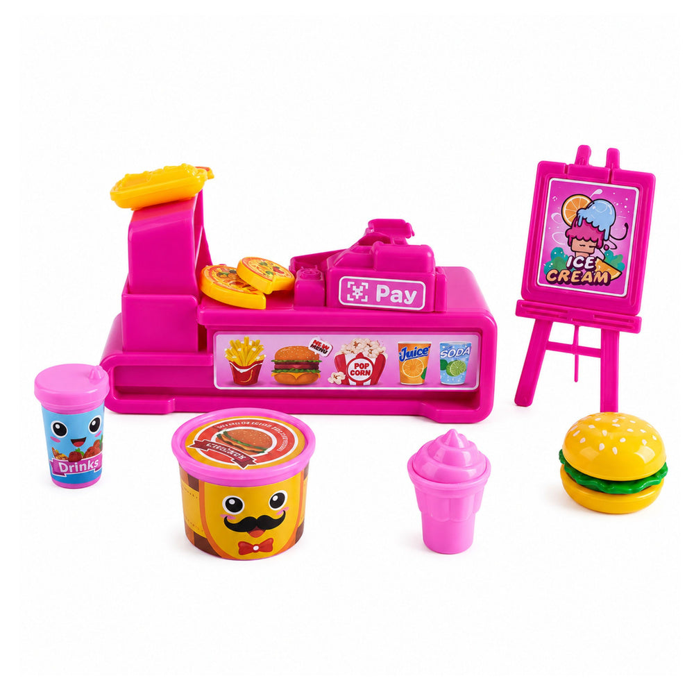 Mini Doll Set with Cash Register, Saleswoman, Hamburger, Ice Cream Accessories