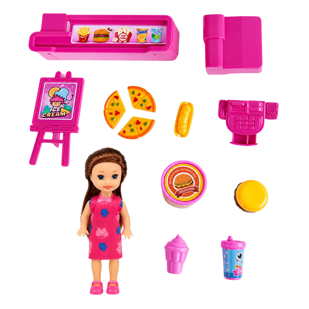Mini Doll Set with Cash Register, Saleswoman, Hamburger, Ice Cream Accessories