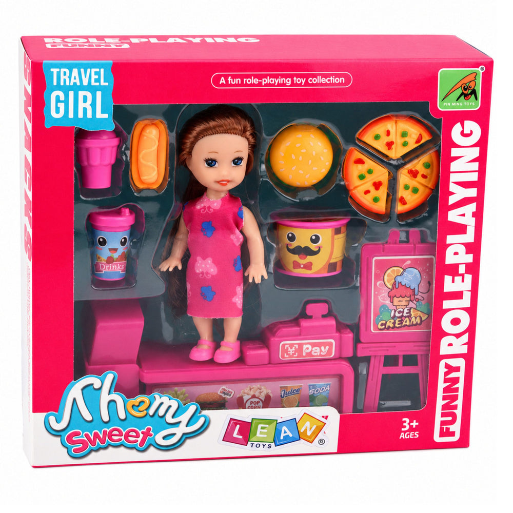 Mini Doll Set with Cash Register, Saleswoman, Hamburger, Ice Cream Accessories