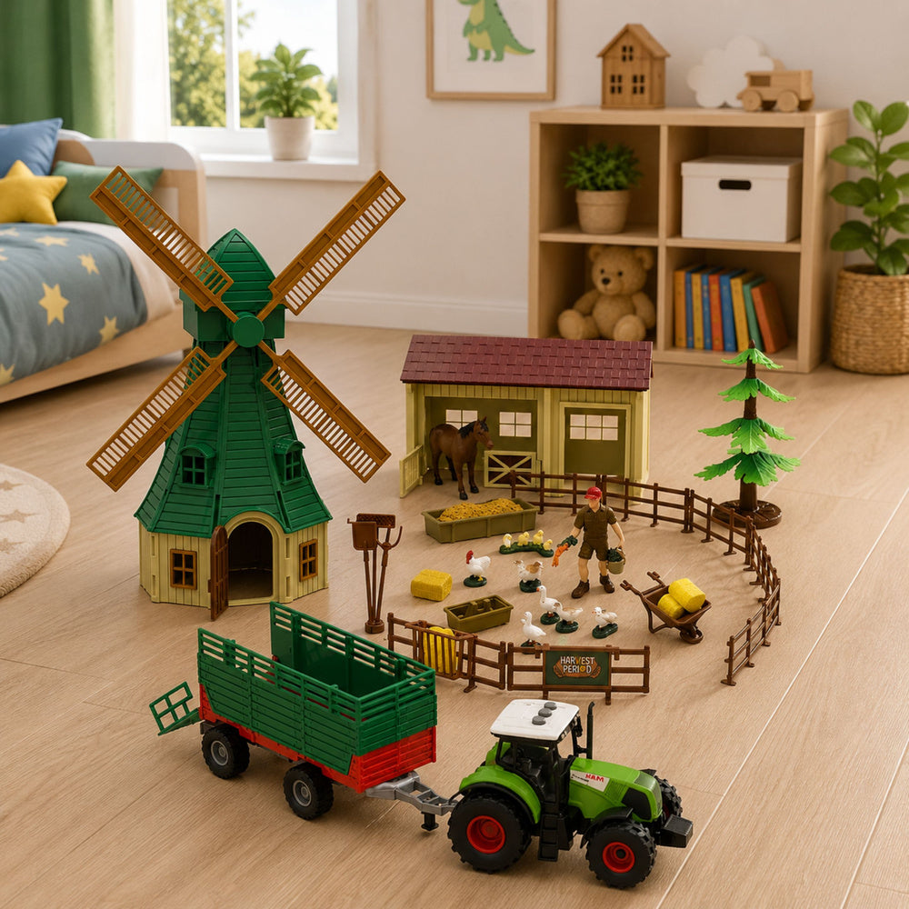 Farm set with tractor, windmill, stable, trailer and animal figures, 45 pieces.
