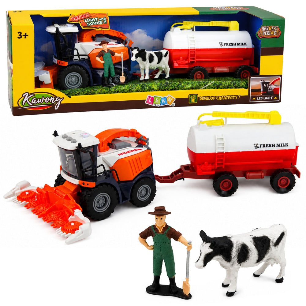 Combine Harvester with Milk Tanker Figures Cow Farmer Lights Sounds 4 pcs.
