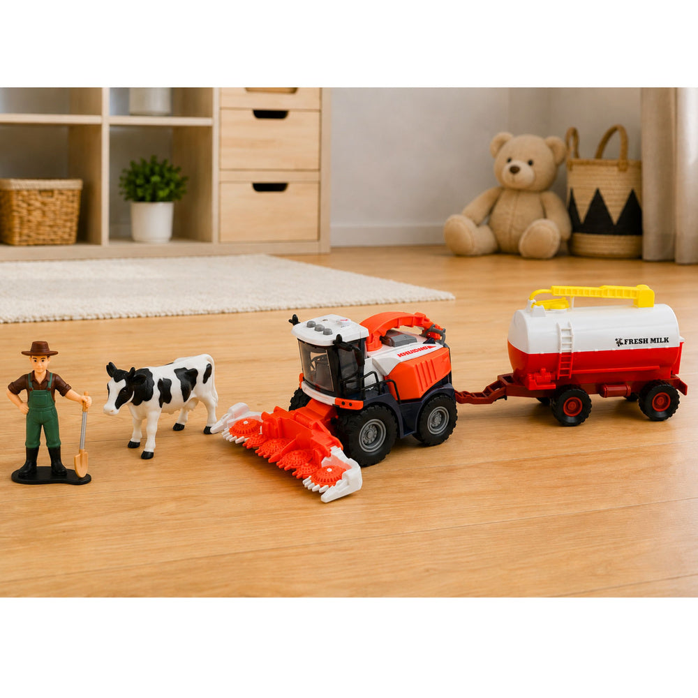 Combine Harvester with Milk Tanker Figures Cow Farmer Lights Sounds 4 pcs.