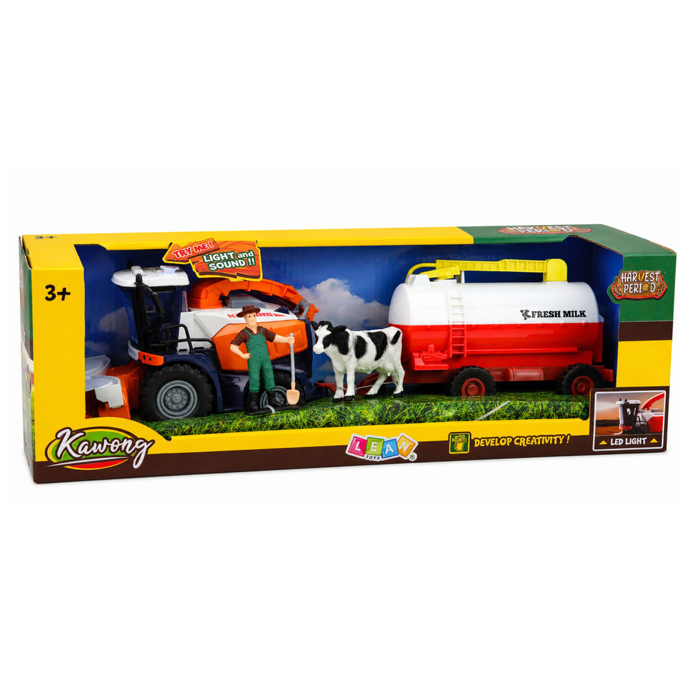 Combine Harvester with Milk Tanker Figures Cow Farmer Lights Sounds 4 pcs.