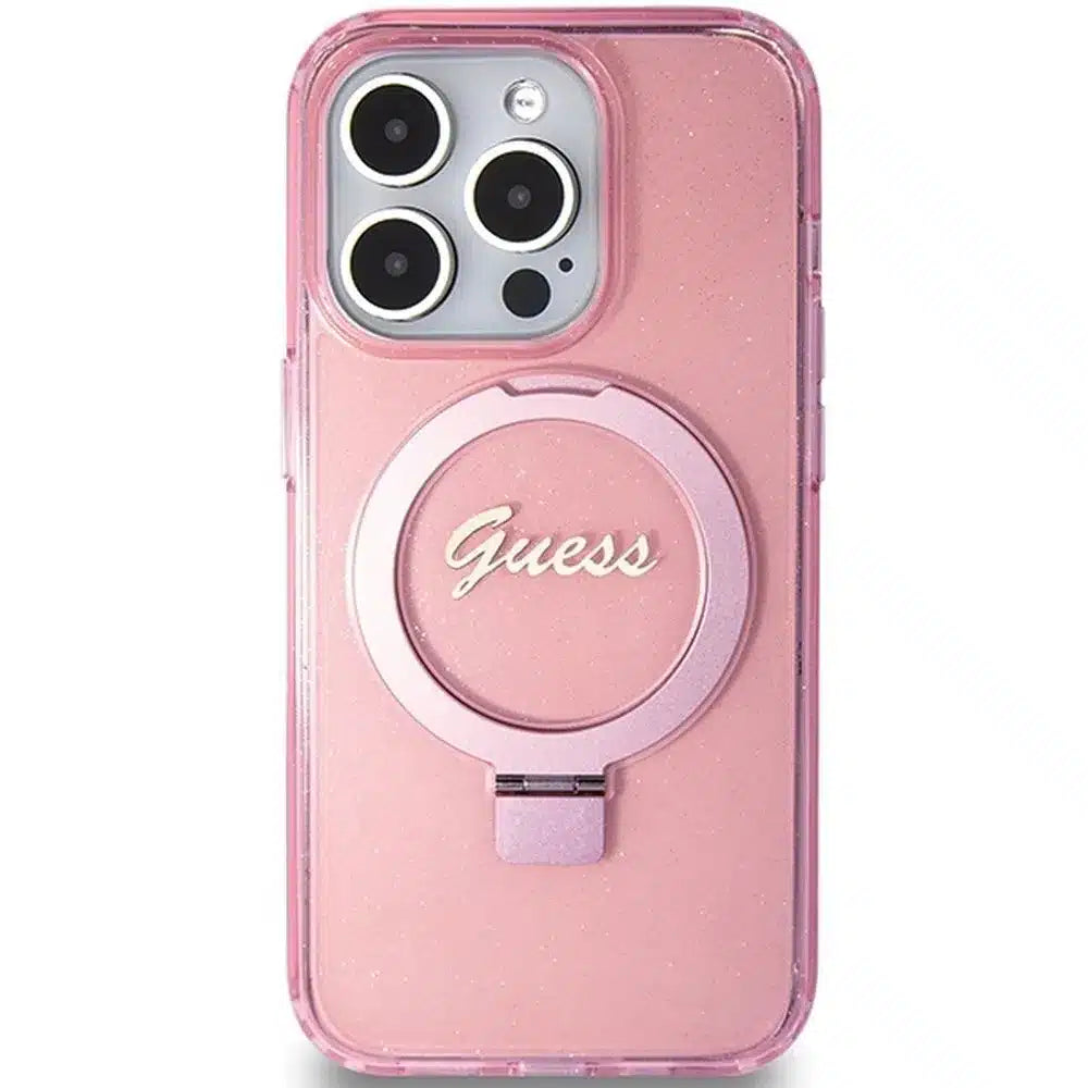 Originalna torbica GUESS Hardcase GUHMP15XHRSGSP za iPhone 15 Pro Max (Magsafe / bleščeč logotip / stojalo z obročkom / roza)