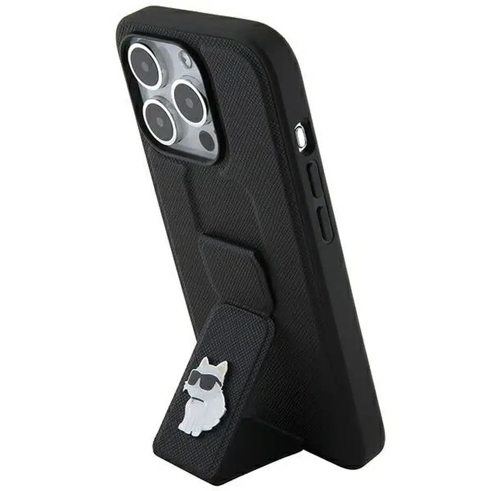 Originalna torbica KARL LAGERFELD Hardcase KLHCP14XGSACHPK za iPhone 14 Pro Max (Gripstand Saffiano choupette PIN / črna