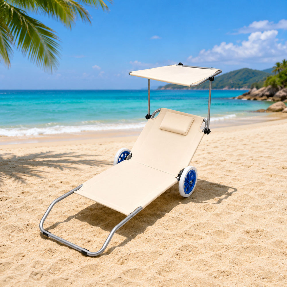 Sklopiva ležaljka za plažu s kotačima i sjenicom - krem