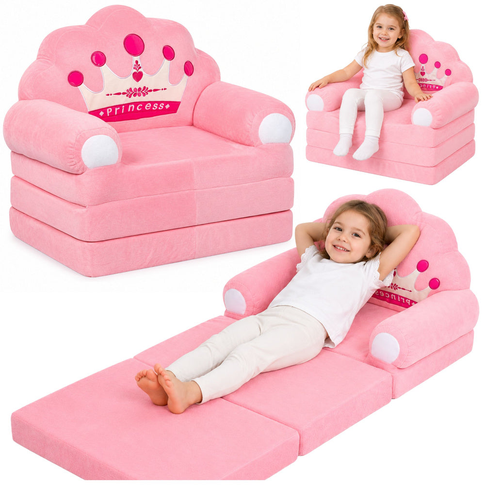 Reclining Armchair Sofa Lounger with Crown 2in1 For Children Soft Pink
