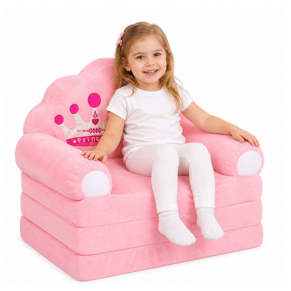 Reclining Armchair Sofa Lounger with Crown 2in1 For Children Soft Pink