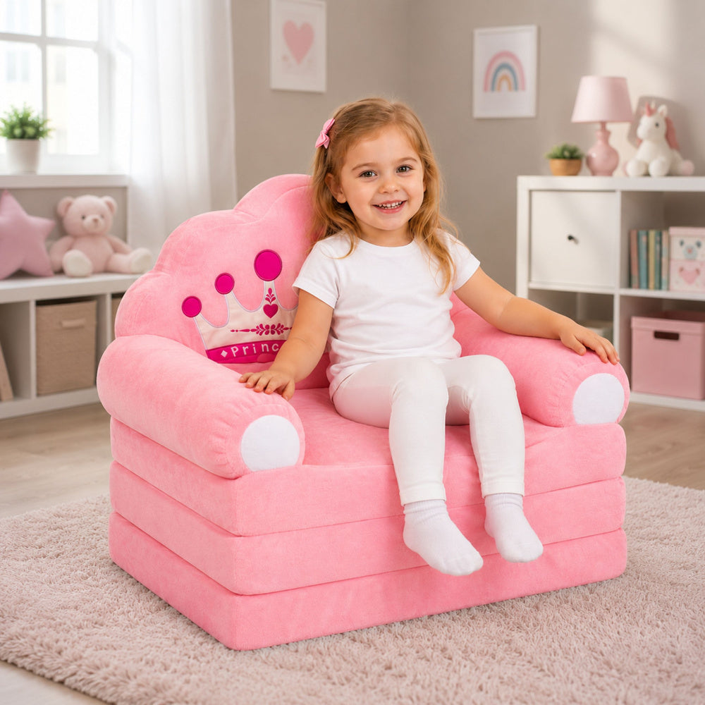Reclining Armchair Sofa Lounger with Crown 2in1 For Children Soft Pink