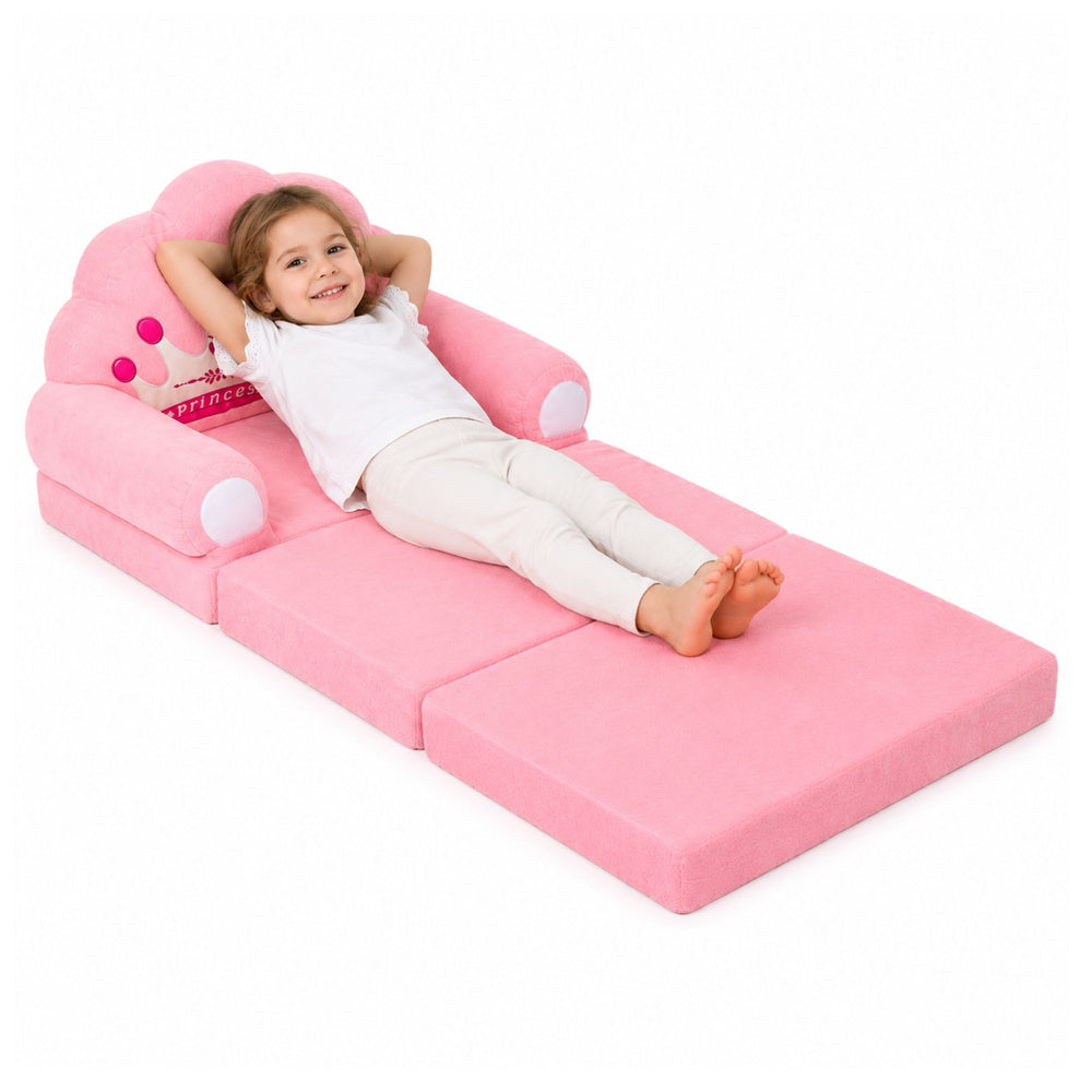 Reclining Armchair Sofa Lounger with Crown 2in1 For Children Soft Pink