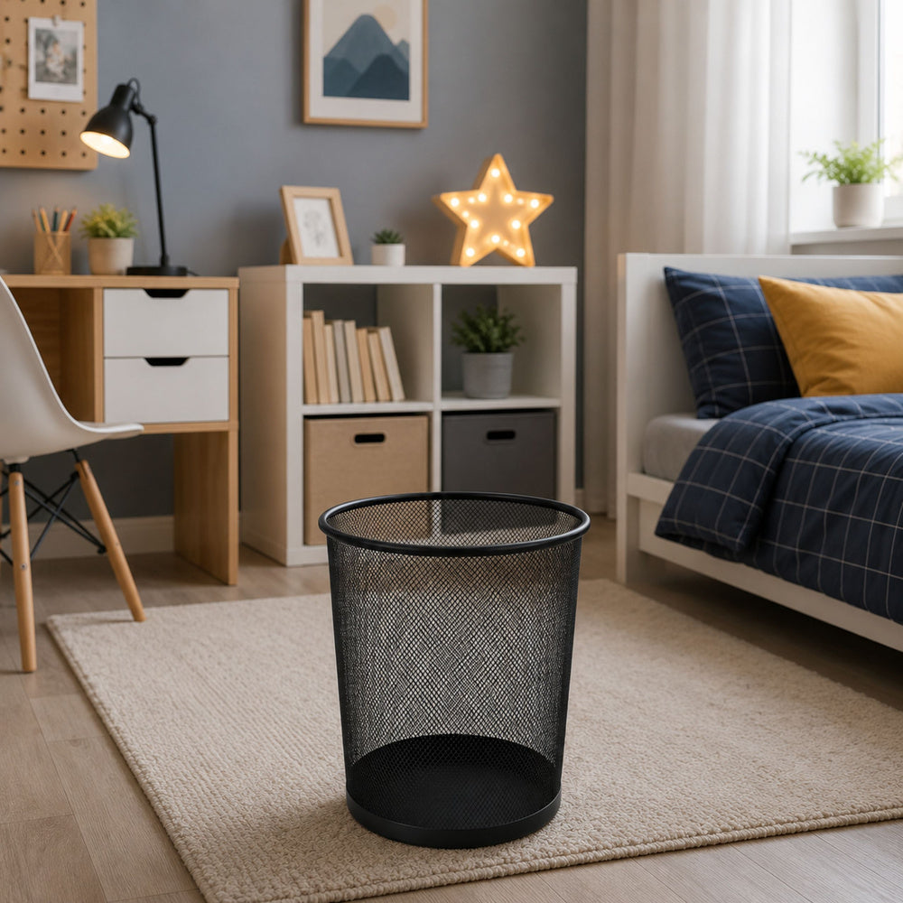 Office Waste Bin Metal Mesh Round Black 10 L