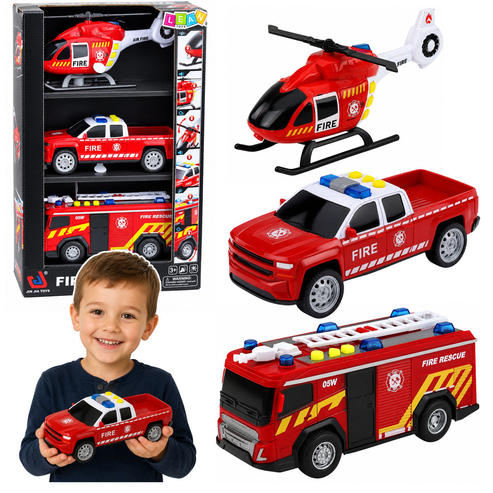 Fire Department Vehicle Set: Helicopter Car, Lights, Sounds 1:32