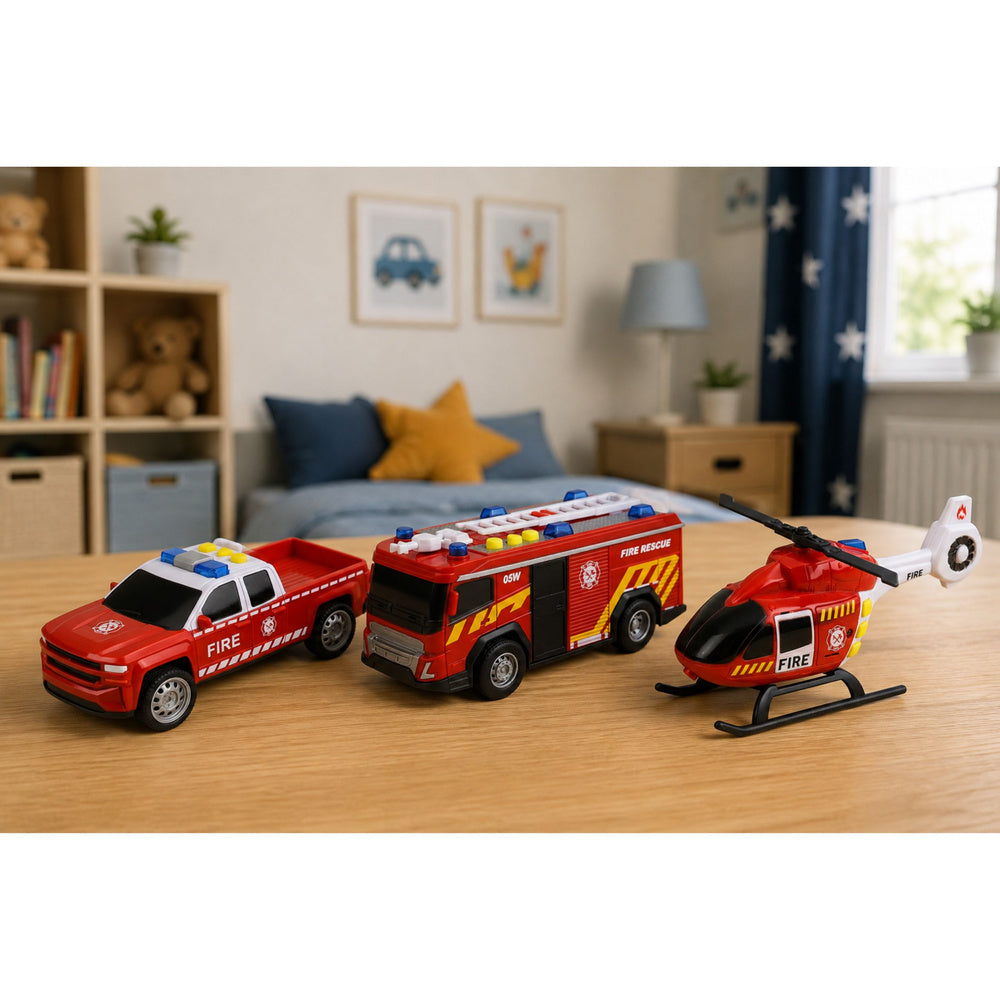 Fire Department Vehicle Set: Helicopter Car, Lights, Sounds 1:32