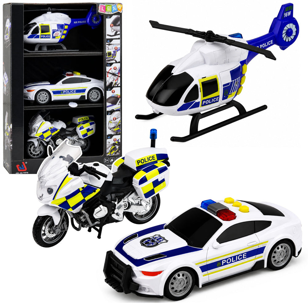 Police Set Helicopter Motorcycle Police Car Lights Sounds 1:32