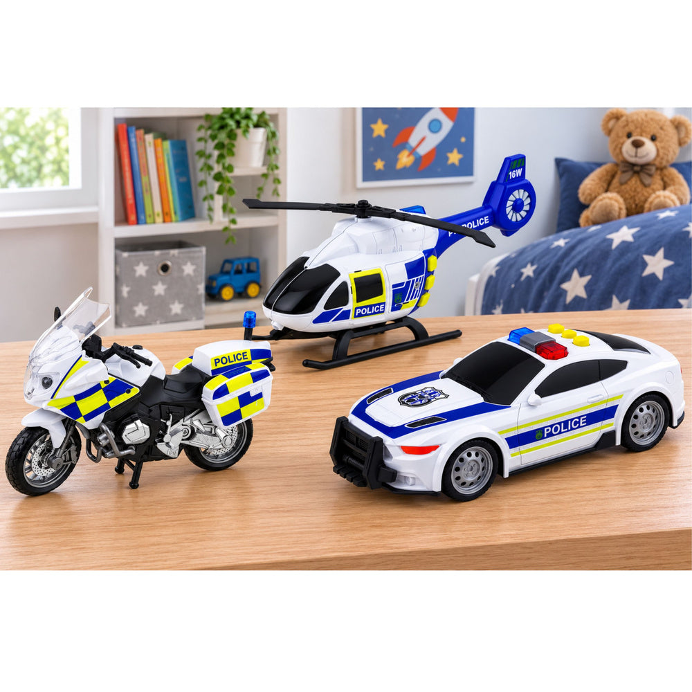 Police Set Helicopter Motorcycle Police Car Lights Sounds 1:32
