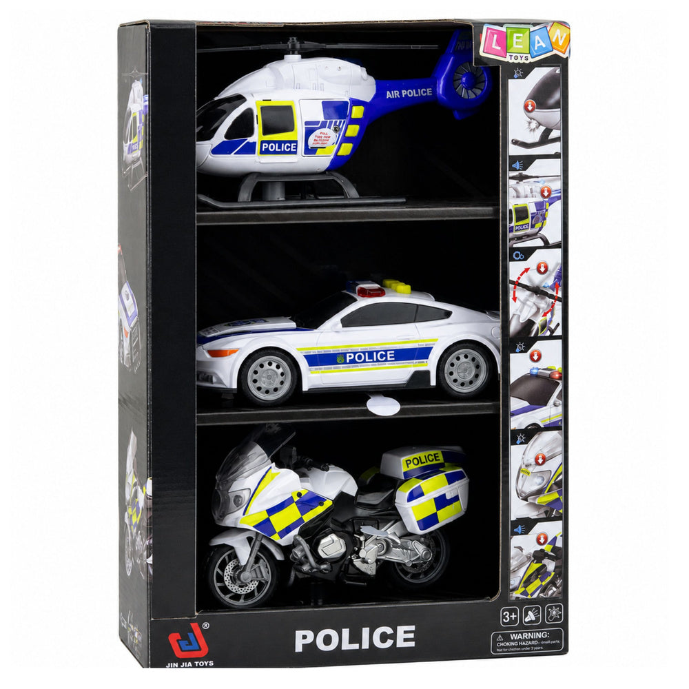 Police Set Helicopter Motorcycle Police Car Lights Sounds 1:32