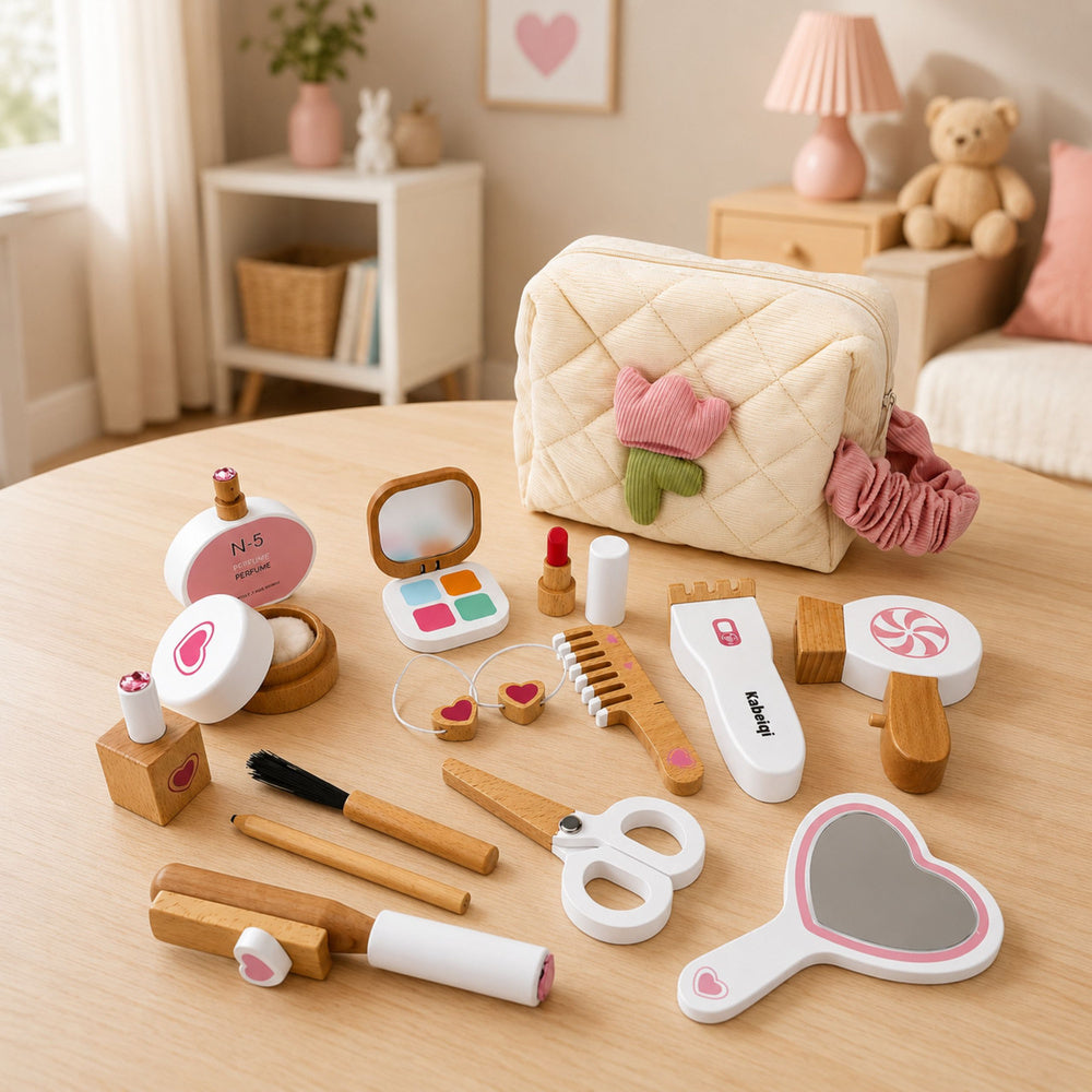 Wooden Beauty Set Makeup Cosmetic Bag Accessories 16 pcs.