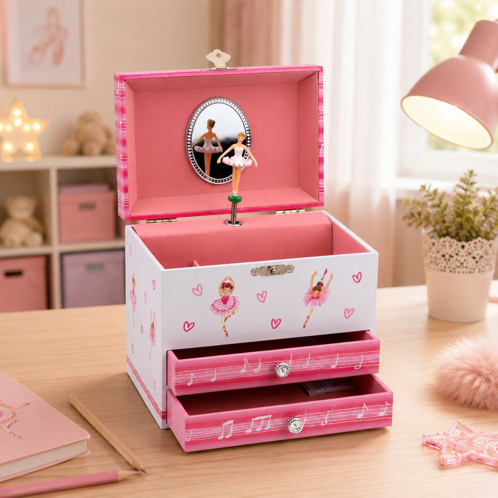 Jewelry Box with Music Box, Ballerina, Mirror, Drawers