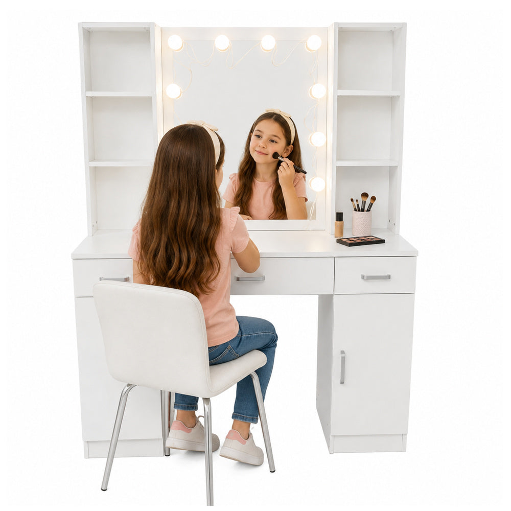 Cosmetic Dressing Table with LED Mirror, Drawer Cabinets, White, 141x114x39 cm