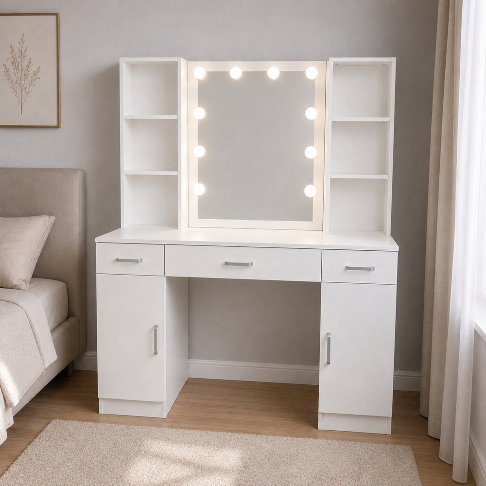 Cosmetic Dressing Table with LED Mirror, Drawer Cabinets, White, 141x114x39 cm