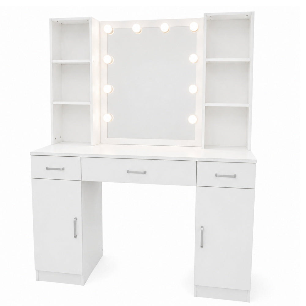 Cosmetic Dressing Table with LED Mirror, Drawer Cabinets, White, 141x114x39 cm