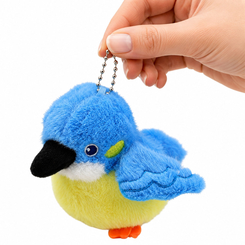 Plush Bird Mascot on a Keychain with a Pendant Blue 9 cm