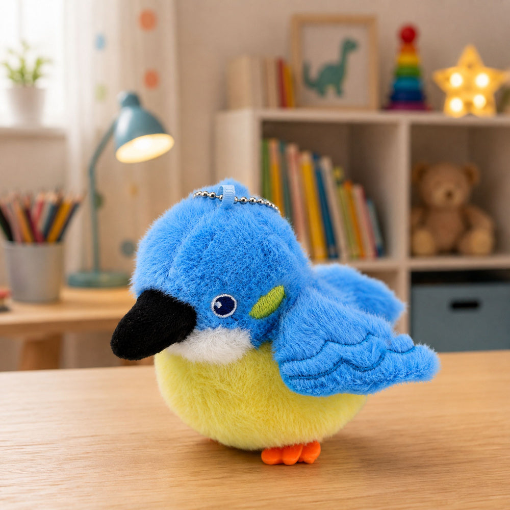 Plush Bird Mascot on a Keychain with a Pendant Blue 9 cm