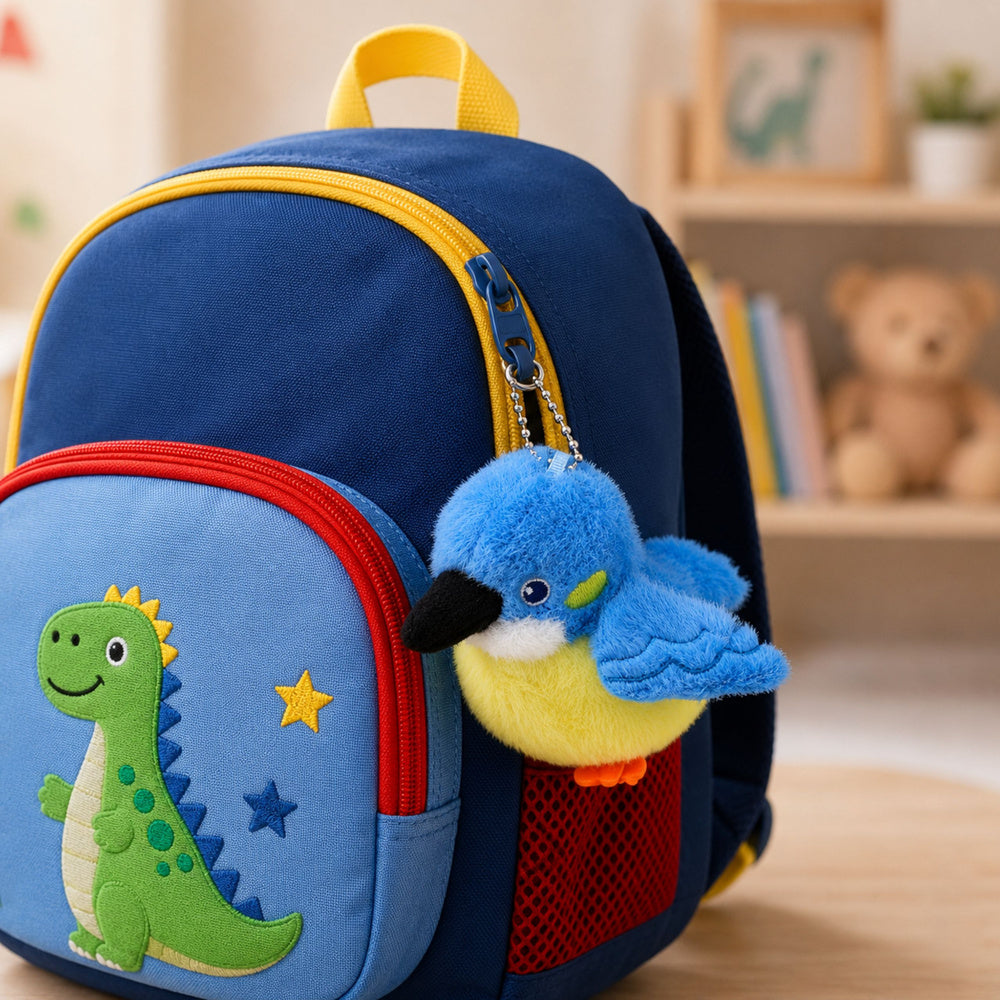 Plush Bird Mascot on a Keychain with a Pendant Blue 9 cm