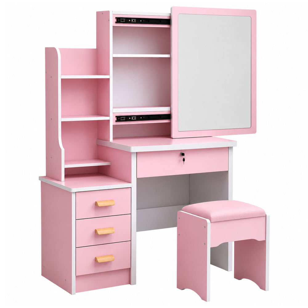 Cosmetic Dressing Table with Mirror, Drawers, Shelves, Stool, Pink 130x80x36 cm