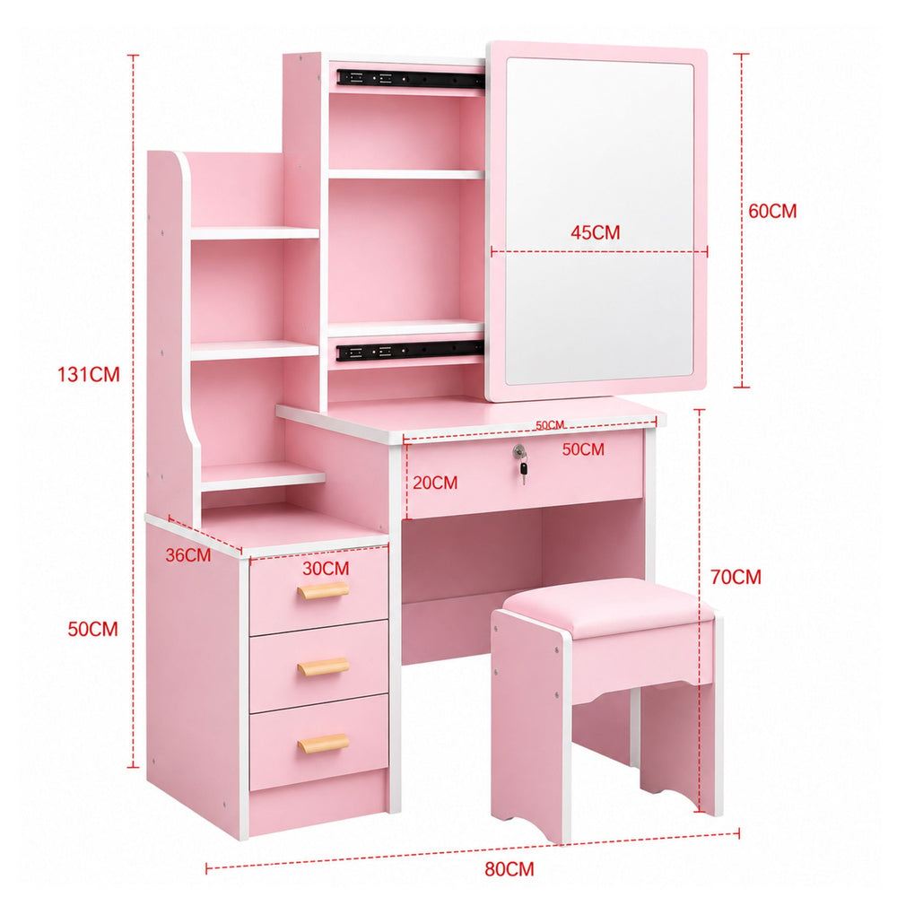 Cosmetic Dressing Table with Mirror, Drawers, Shelves, Stool, Pink 130x80x36 cm