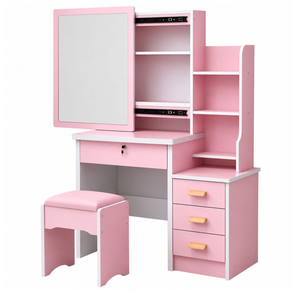 Cosmetic Dressing Table with Mirror, Drawers, Shelves, Stool, Pink 130x80x36 cm