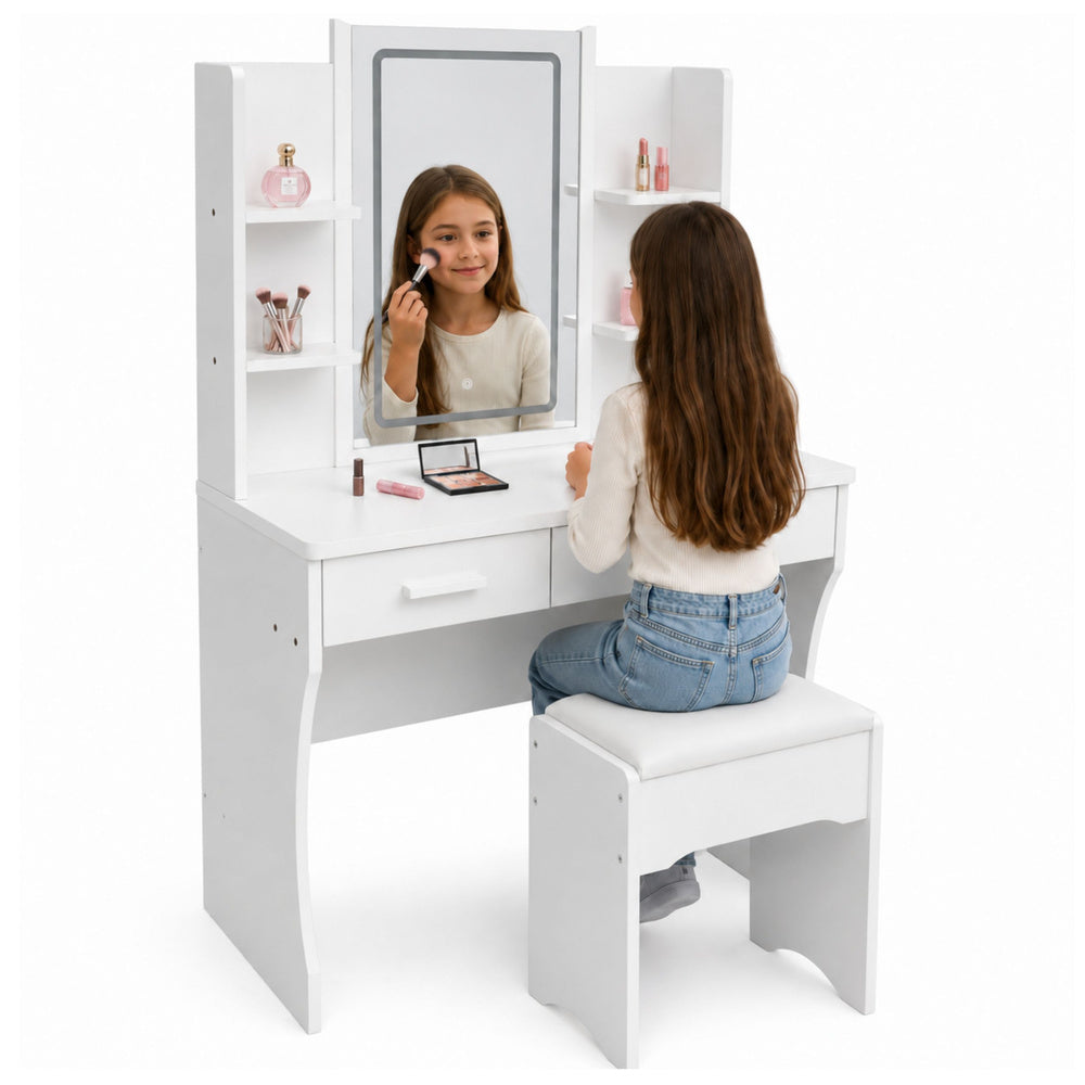 Cosmetic Dressing Table with LED Mirror, Shelves, Drawers, White 140x80x40 cm