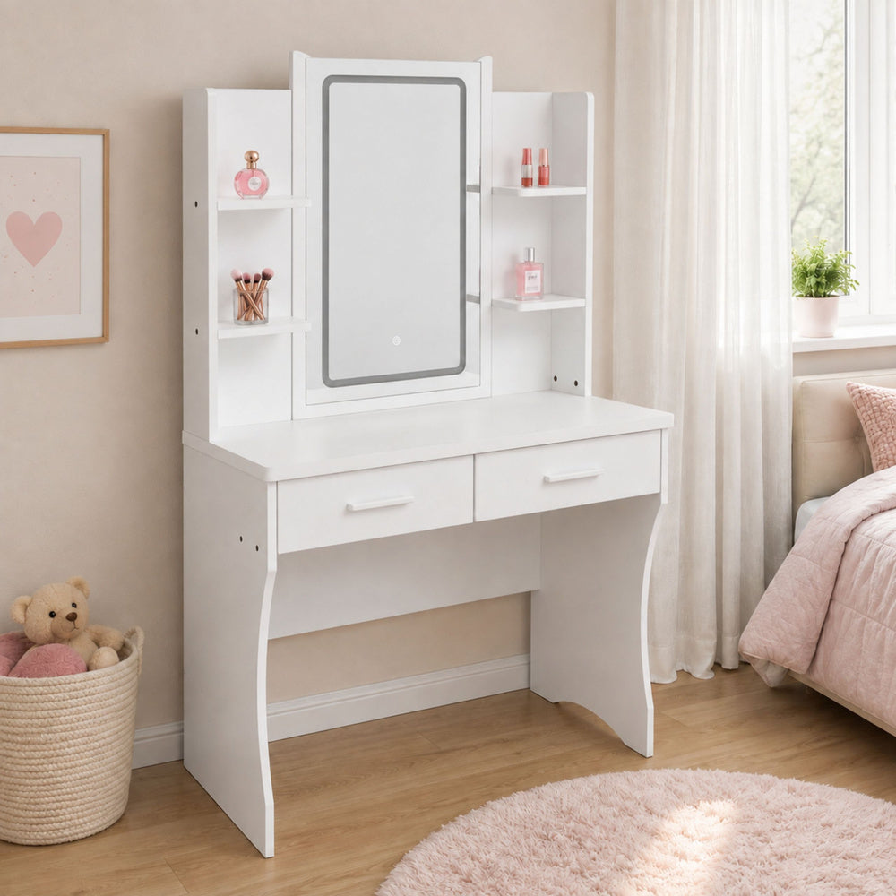 Cosmetic Dressing Table with LED Mirror, Shelves, Drawers, White 140x80x40 cm