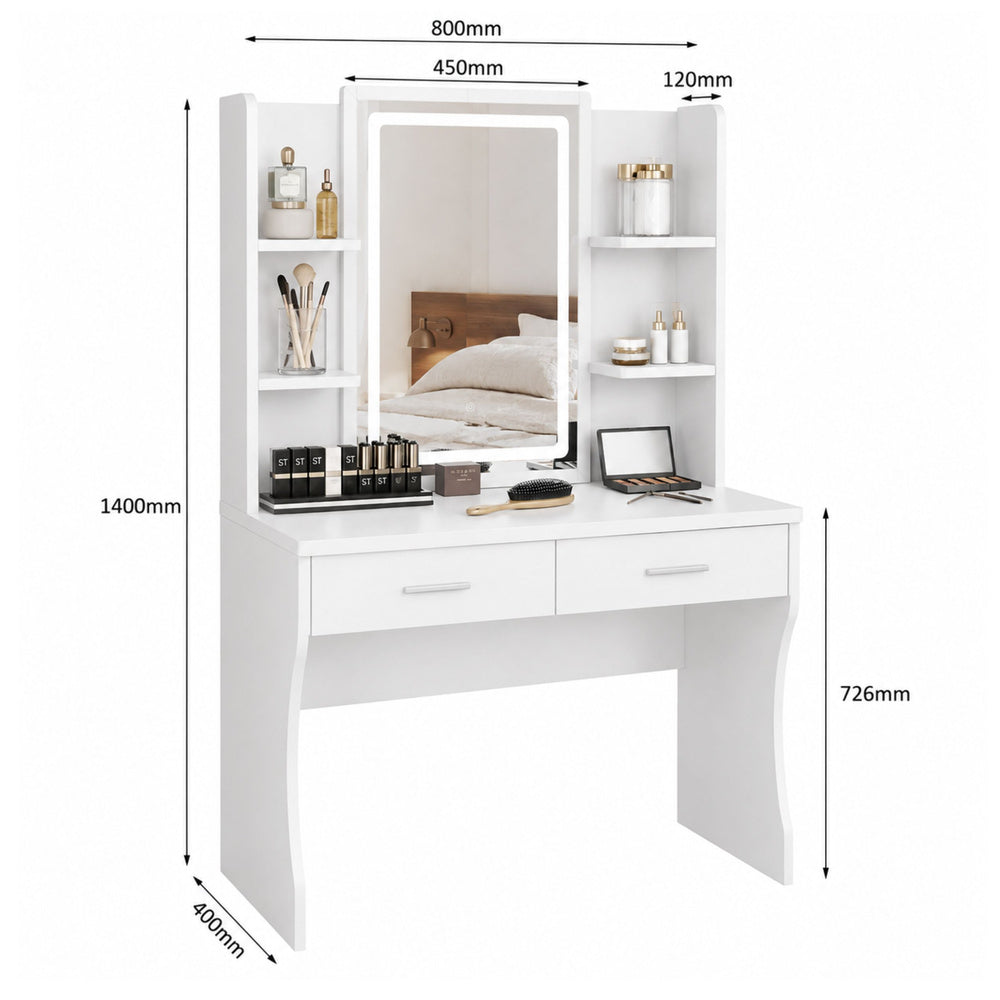 Cosmetic Dressing Table with LED Mirror, Shelves, Drawers, White 140x80x40 cm