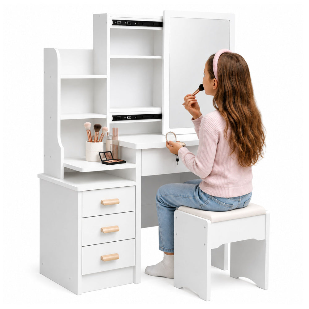 Cosmetic Dressing Table with Mirror, Drawers, Shelves, Stool, White, 130x80x36 cm