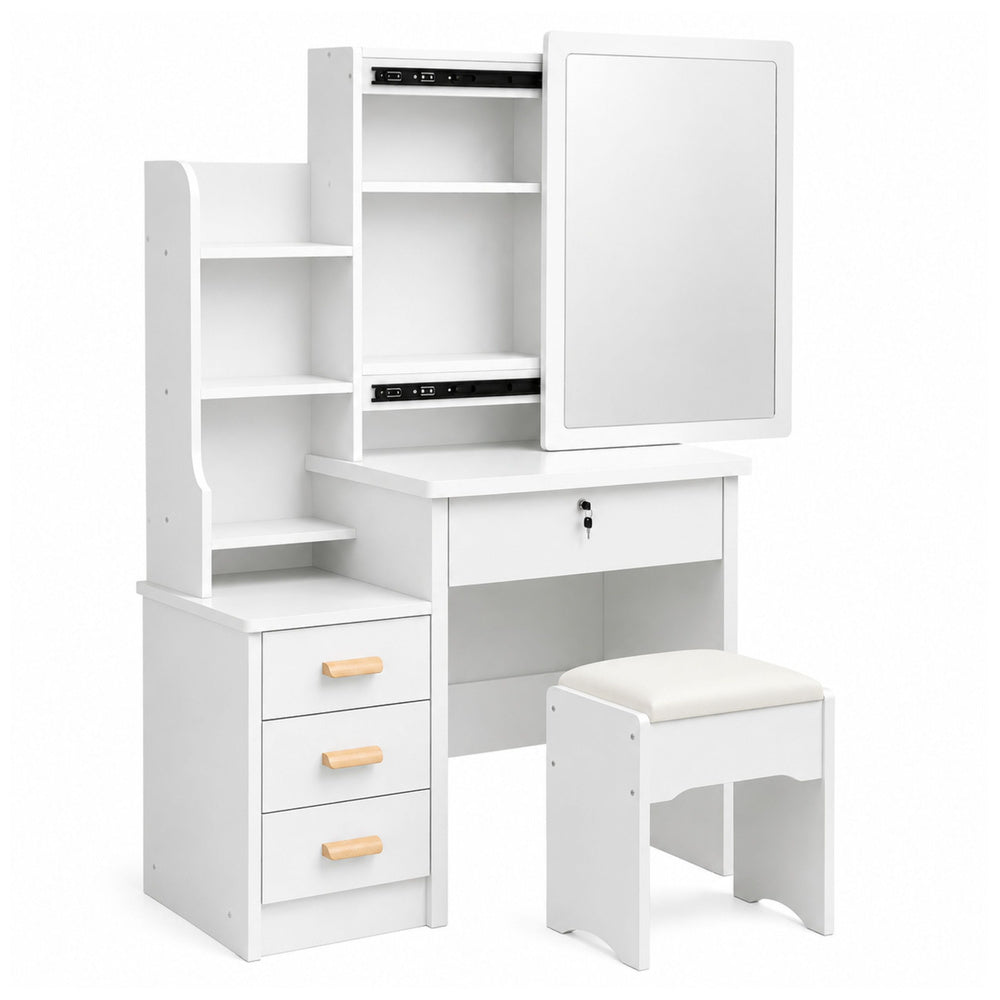 Cosmetic Dressing Table with Mirror, Drawers, Shelves, Stool, White, 130x80x36 cm