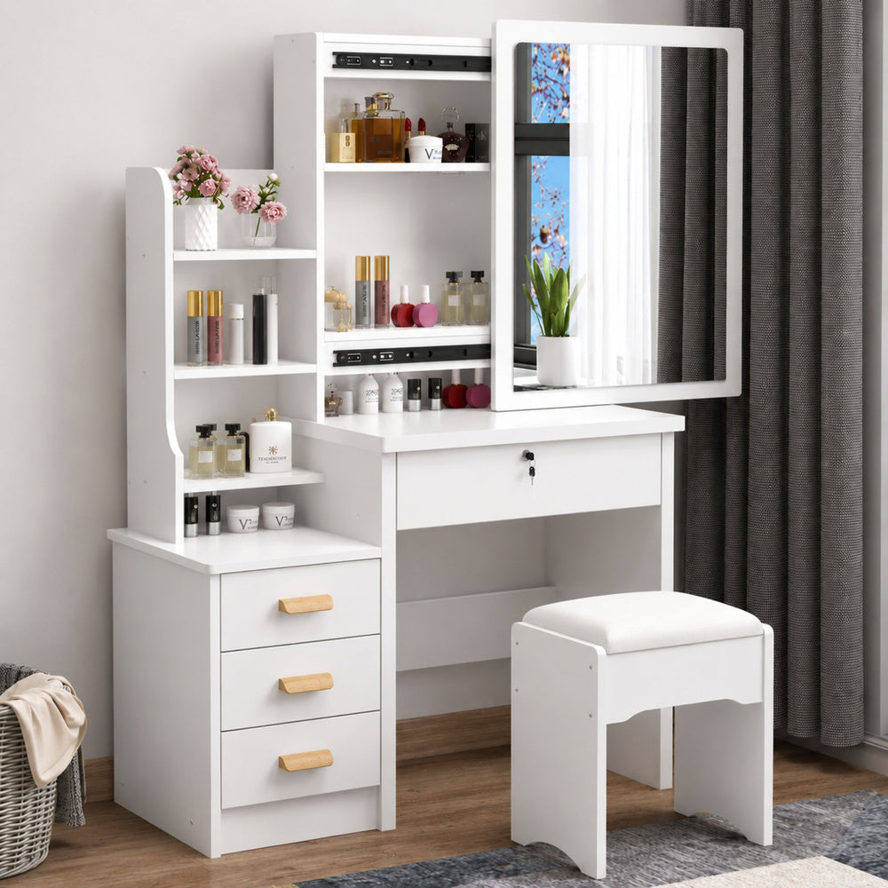 Cosmetic Dressing Table with Mirror, Drawers, Shelves, Stool, White, 130x80x36 cm