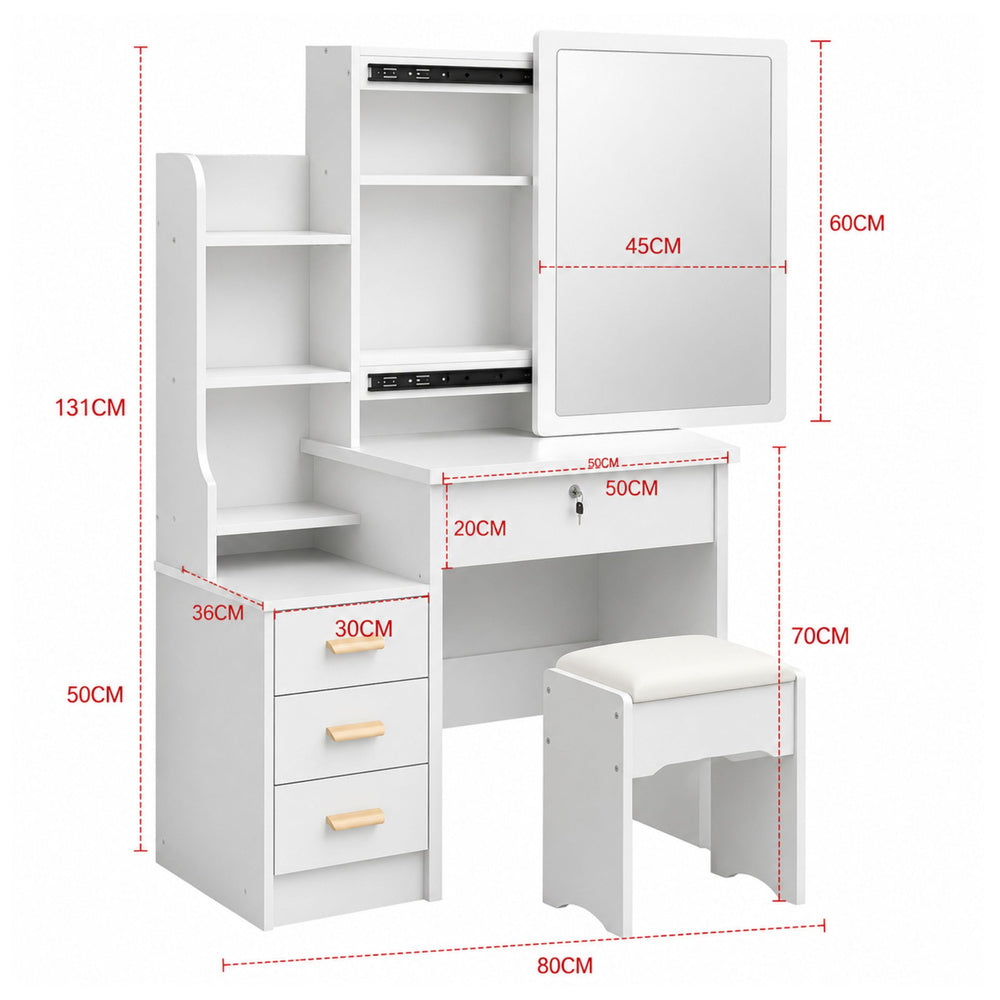 Cosmetic Dressing Table with Mirror, Drawers, Shelves, Stool, White, 130x80x36 cm