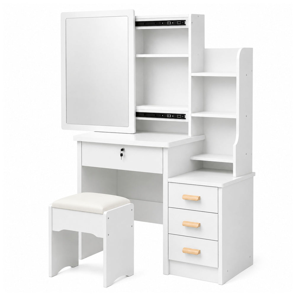 Cosmetic Dressing Table with Mirror, Drawers, Shelves, Stool, White, 130x80x36 cm