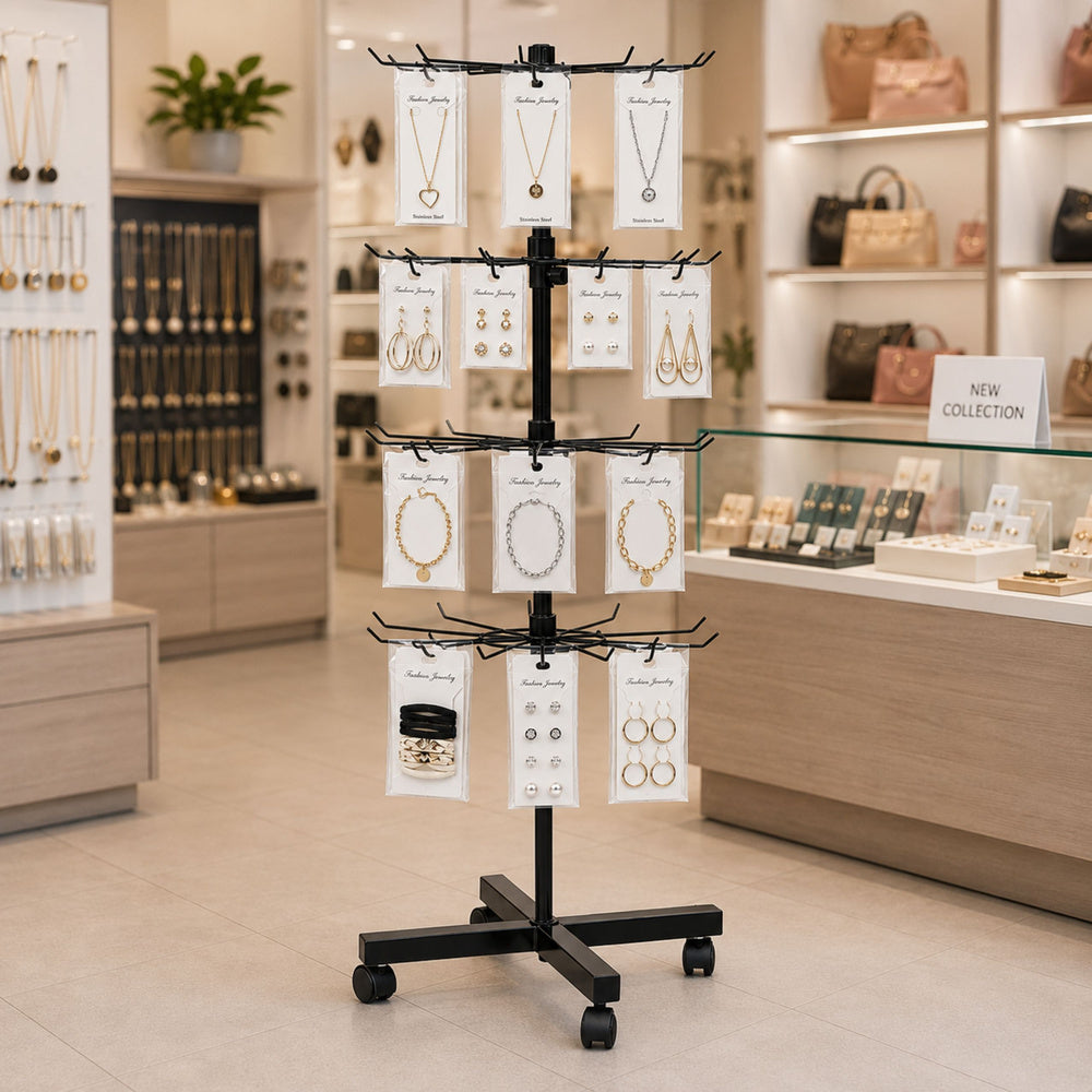 Rotating Display Shelf Hanger 4-Tier On Wheels Black 40x150cm