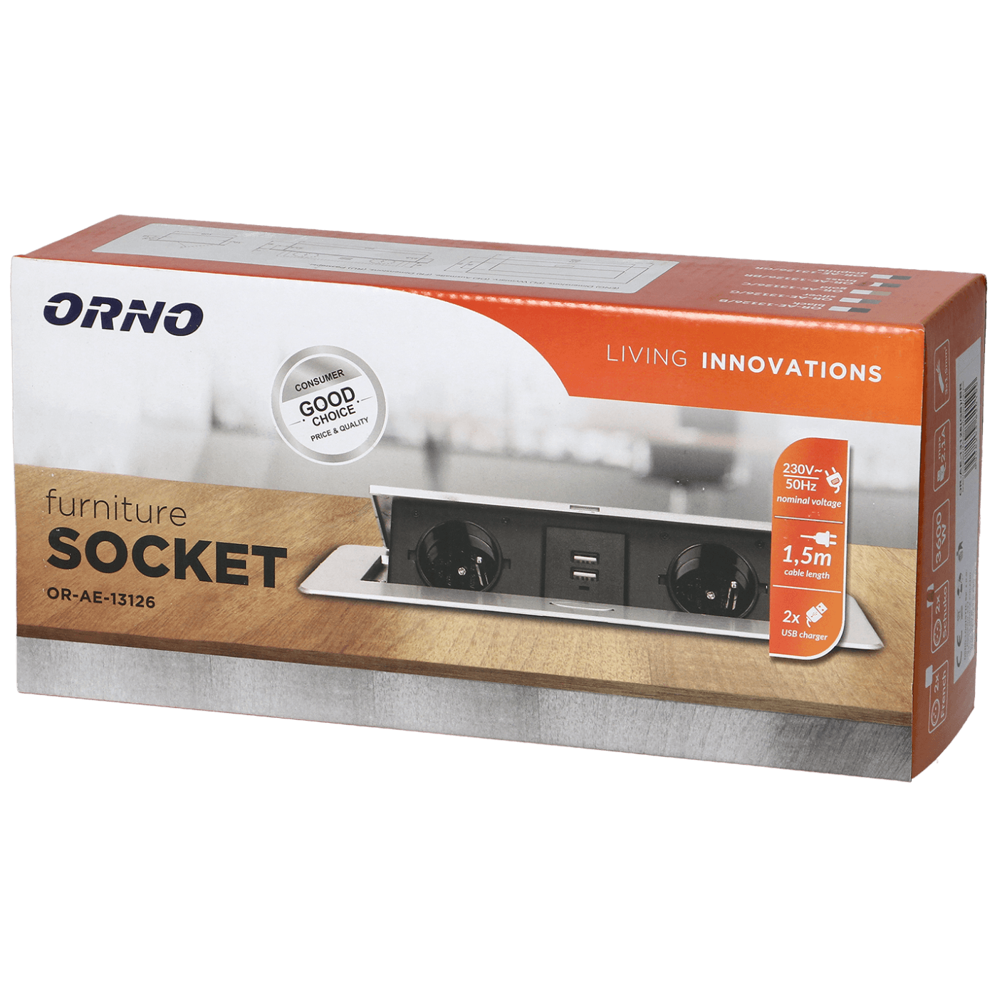 Orno Podaljšek z 2 x Schuko vtičnicama + 2 x USB, vgradni - OR-AE-13126(GS)/BR