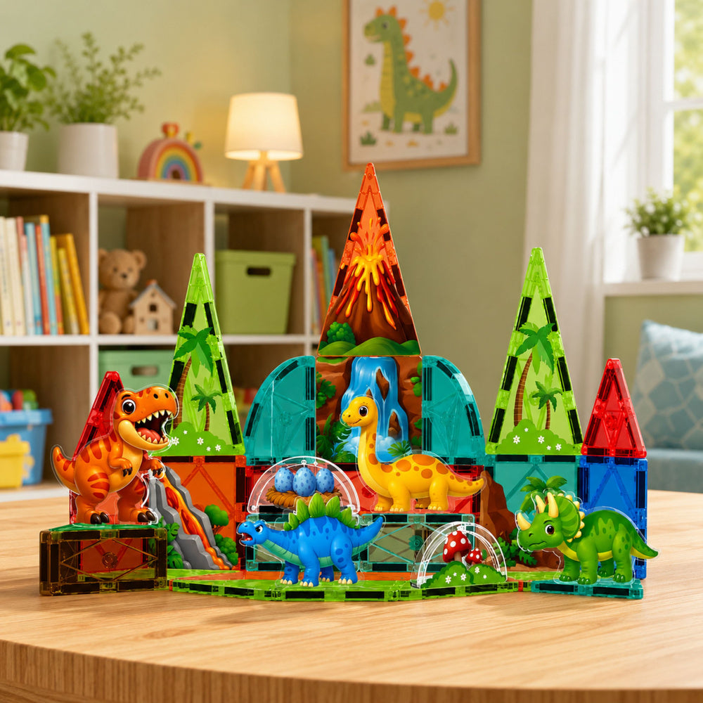 Magnetic Construction Blocks Dinosaurs Volcano Colorful 43 pcs.