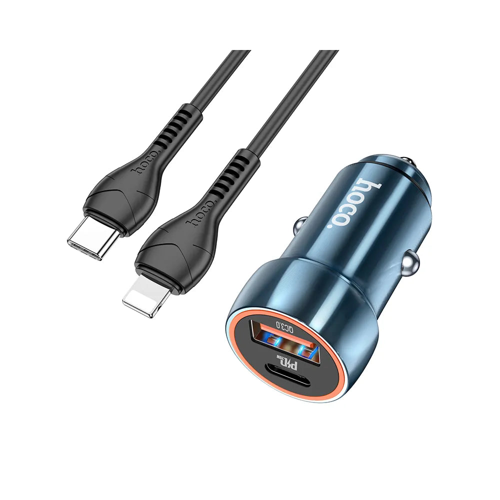 HOCO avtopolnilec Type C + USB QC3.0 Power Delivery 20W s kablom za iPhone Lightning 8-pin Z46A safirno modra