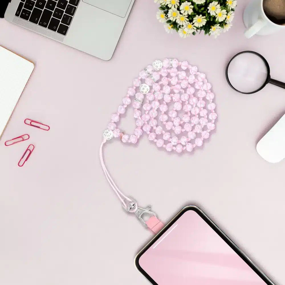 Obesek za telefon CRYSTAL DIAMOND / dolžina vrvice 74 cm (37 cm v zanki) / okoli vratu svetlo roza
