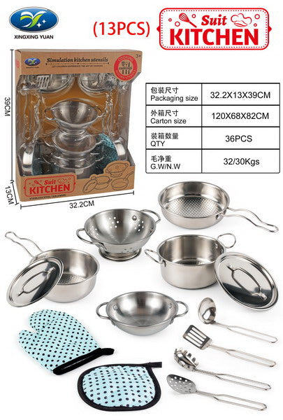 Set metalnih lonaca sa tirkiznom pregačom - 13 elemenata