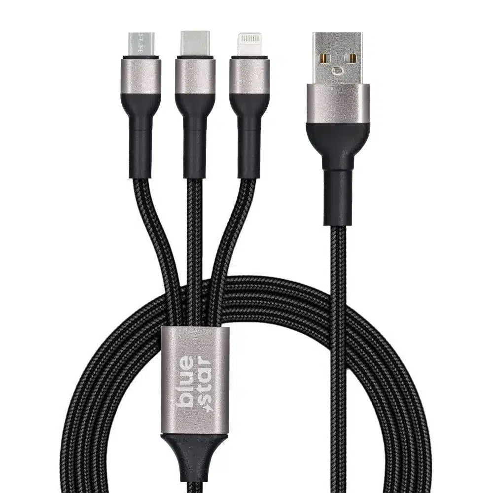 Pleten kabel Blue Star 3-v-1 z mikro USB, USB C in Lightning 3A priključki